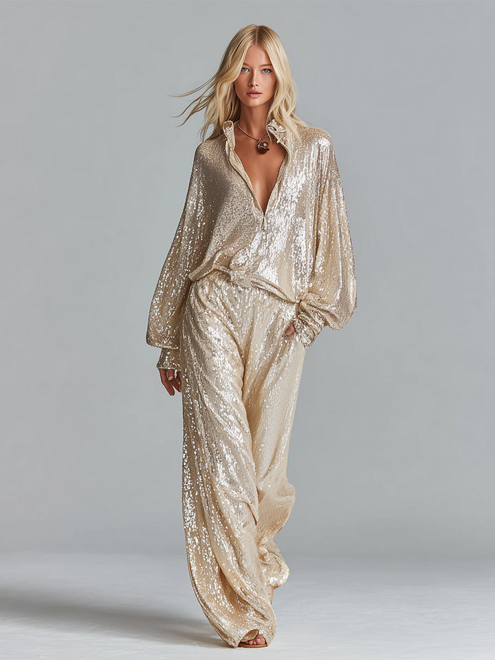 Women's Champagne Sequin Blouse With Oversized Balloon Sleeves & Half-Button Placket, Timeless Party-Glam Style Top MDZ1606D1LYL