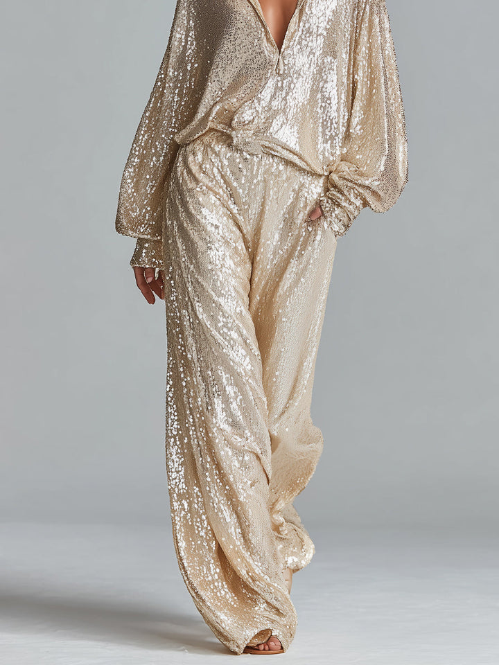 Women's Champagne Sequin Blouse With Oversized Balloon Sleeves & Half-Button Placket, Timeless Party-Glam Style Top MDZ1606D1LYL