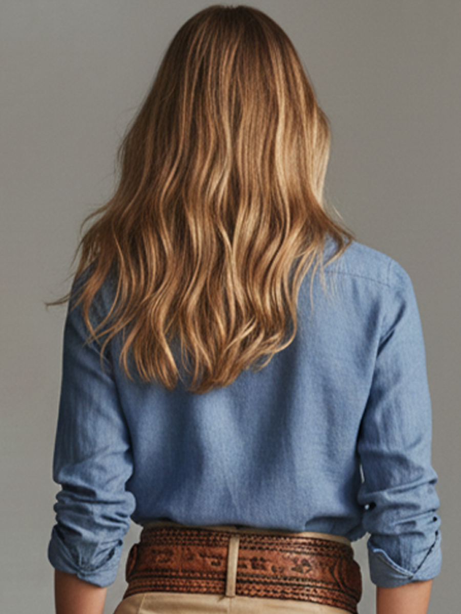 Women's Casual Blue Cotton Linen Long-Sleeve Collared Shirt Top MDZ1435D3GMJ