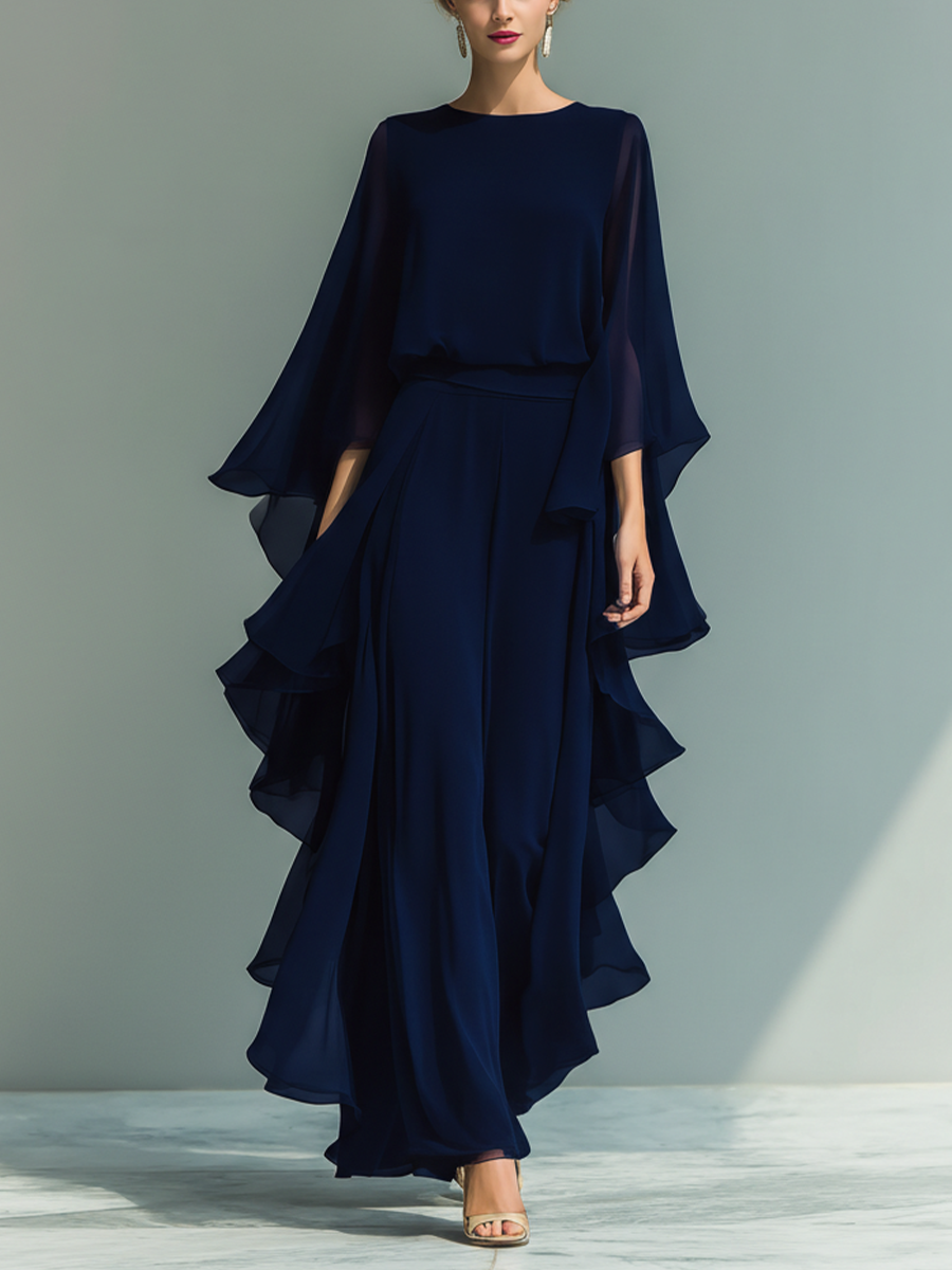 Women’s Navy Chiffon Flare Sleeve Ruched Waist Elegant Blouse MDZ1697D8T