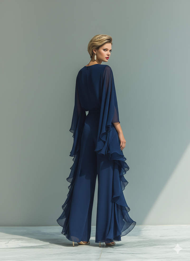 Women’s Navy Chiffon Flare Sleeve Ruched Waist Elegant Blouse MDZ1697D8T