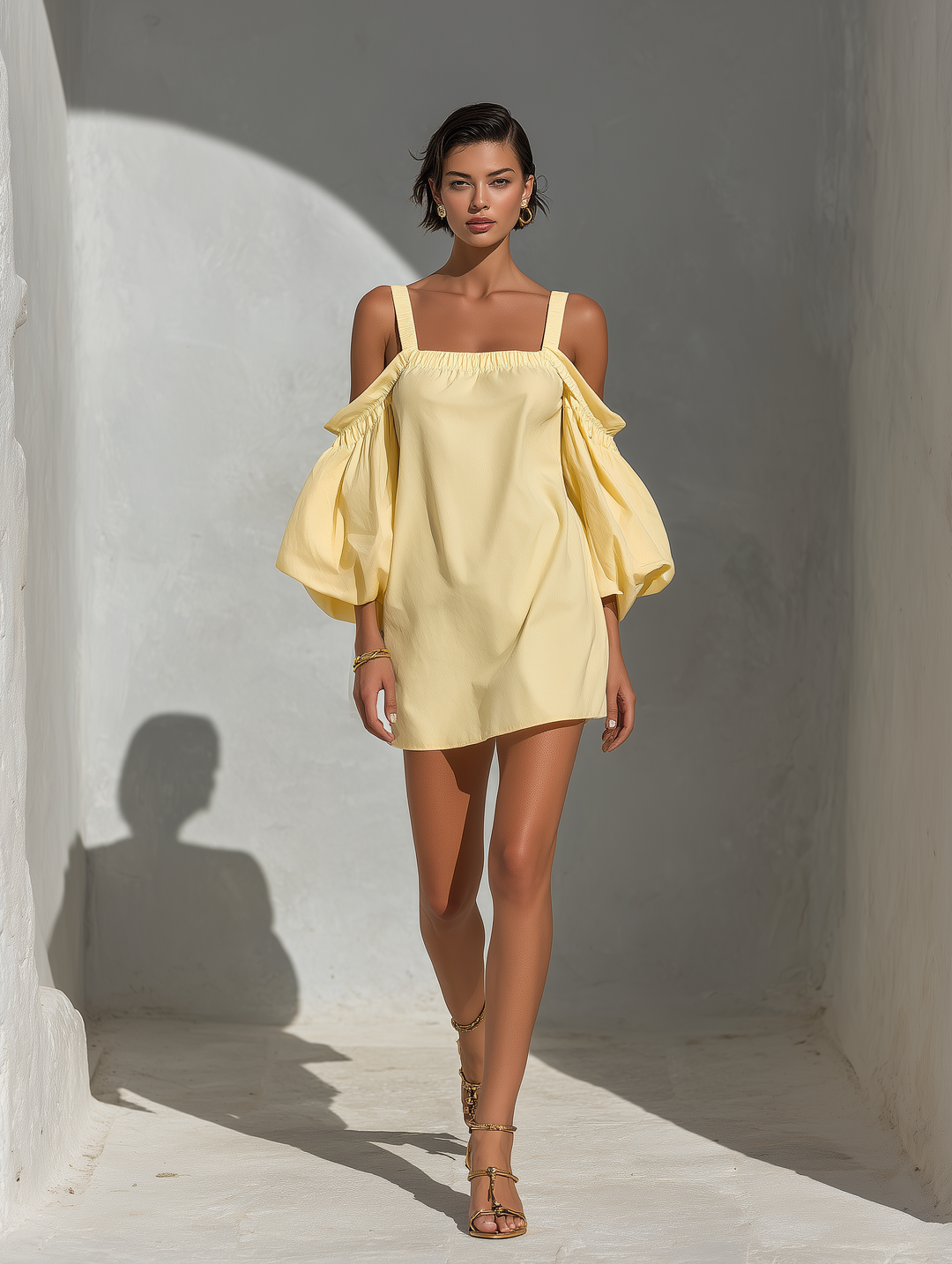 Women’s Yellow Cotton-Linen Blend Off-Shoulder Puff Sleeve Top With Square Neckline MDZ2847D1T