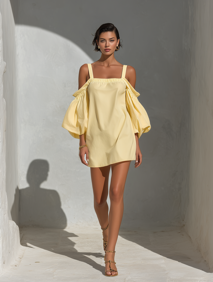Women’s Yellow Cotton-Linen Blend Off-Shoulder Puff Sleeve Top With Square Neckline MDZ2847D1T