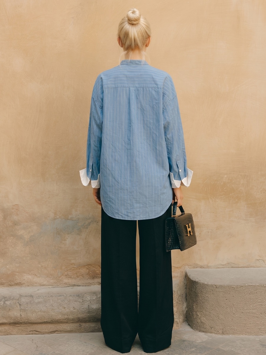 Women's Commuting Light Blue Cotton-Linen Striped Stand Collar Shirt With White Cotton Blend Cuffs Loose Fit Top MDZ0907E3GMJ