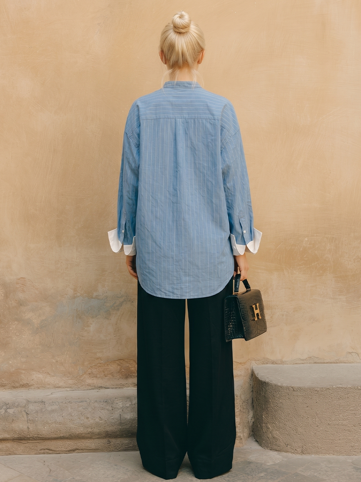 Women's Commuting Light Blue Cotton-Linen Striped Stand Collar Shirt With White Cotton Blend Cuffs Loose Fit Top MDZ0907E3GMJ