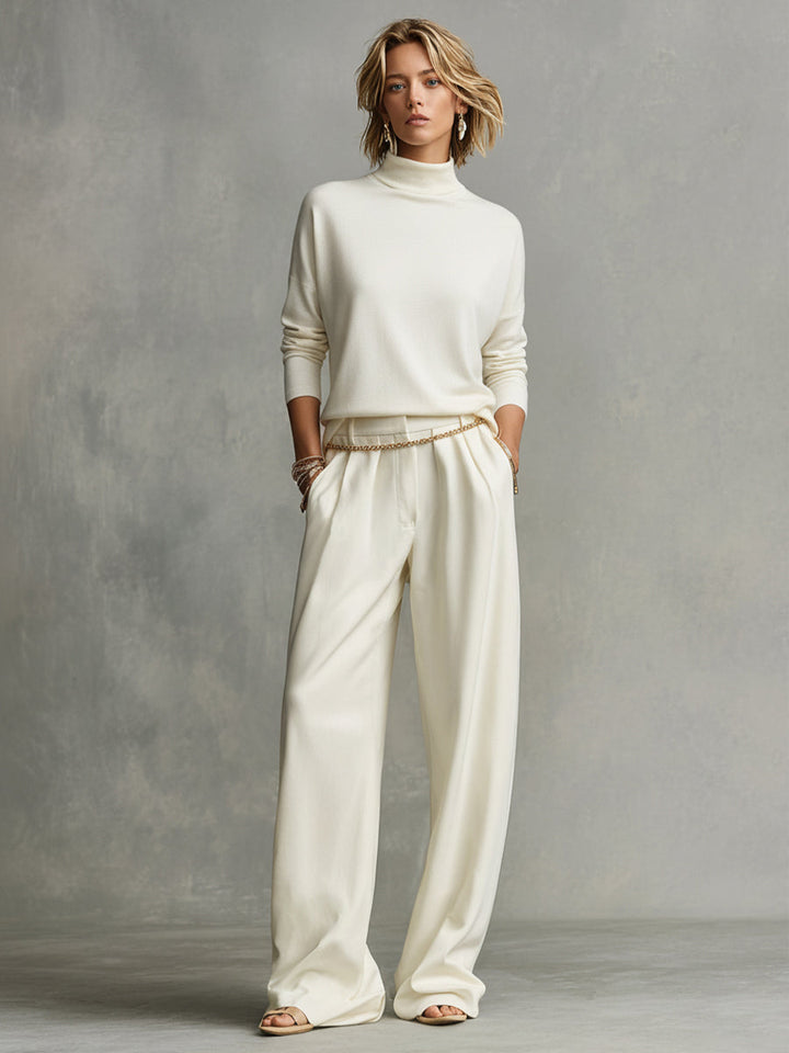 Women's Ivory Soft Knit Turtleneck with Oversized Silhouette & High Neck, Contemporary Effortless-Chic Style Top MDA1522K5I