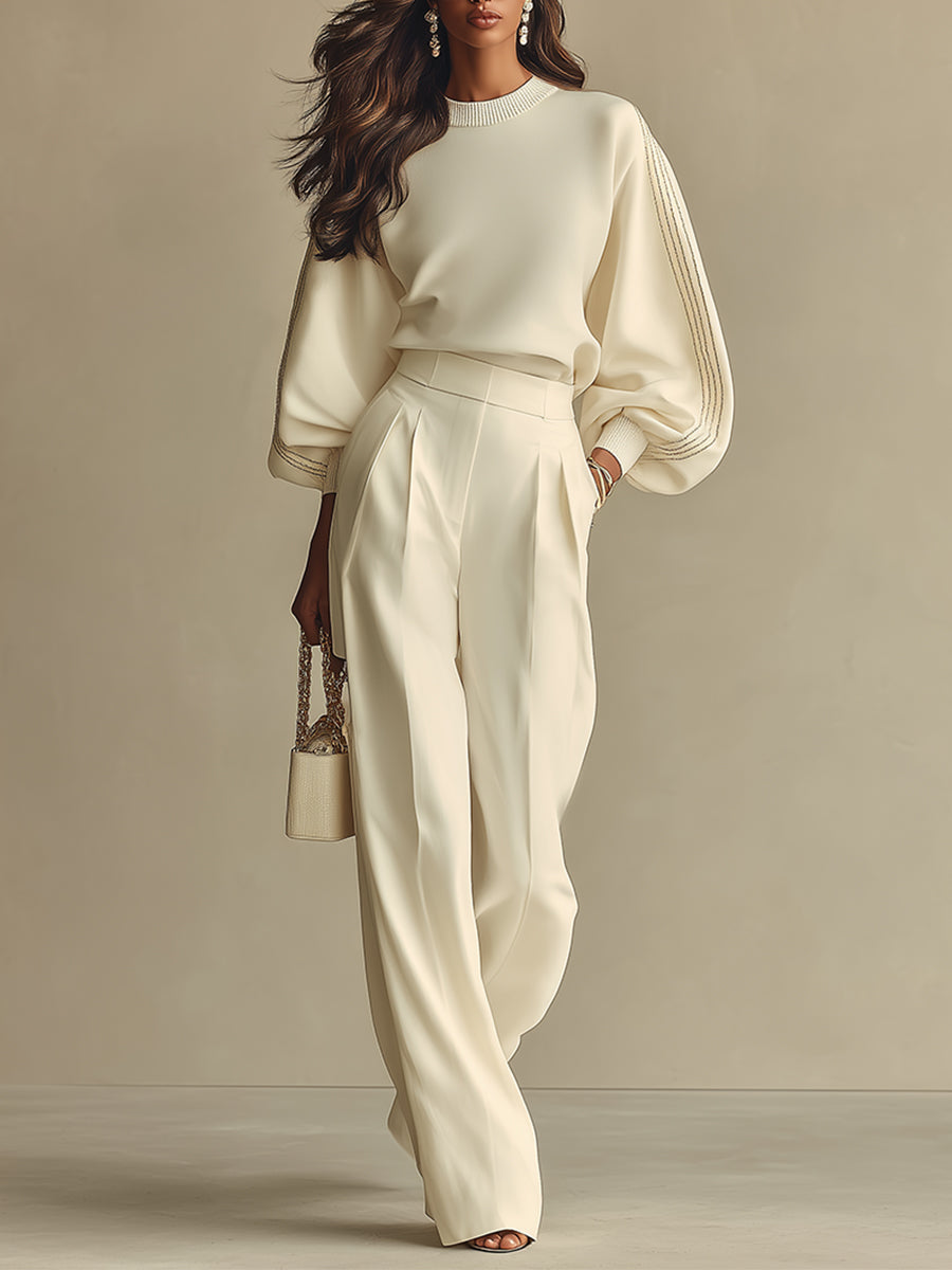 Women's Off-White Knit-Blend Sweatshirt with Drop Shoulders & Relaxed Fit, Modern Effortless-Chic Style Pullover MDZ0858A9I