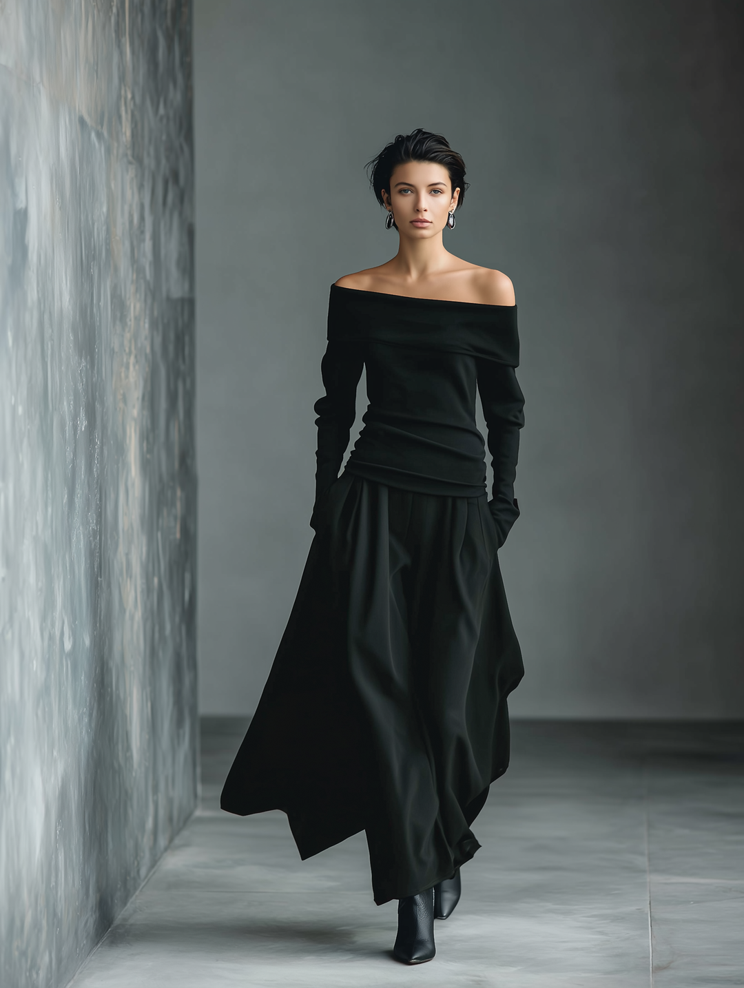 Women’s Black Knit Off-the-Shoulder Long Sleeve Ruched Waist Fitted Top MDA0400L1T