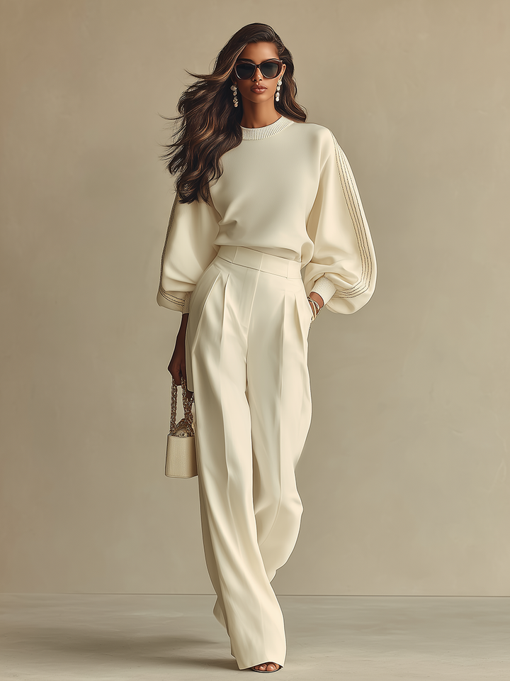Women's Off-White Knit-Blend Sweatshirt with Drop Shoulders & Relaxed Fit, Modern Effortless-Chic Style Pullover MDZ0858A9I