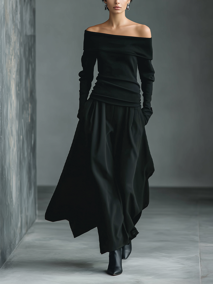 Women’s Black Knit Off-the-Shoulder Long Sleeve Ruched Waist Fitted Top MDA0400L1T