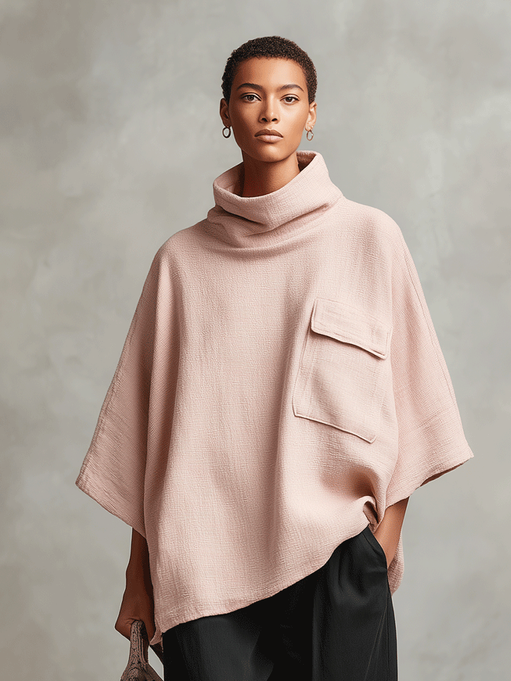 Women's Dusty Pink Woven Poncho Top with Cowl Neck & Patch Pocket, Modern Effortless-Chic Pullover MDA2221I1I