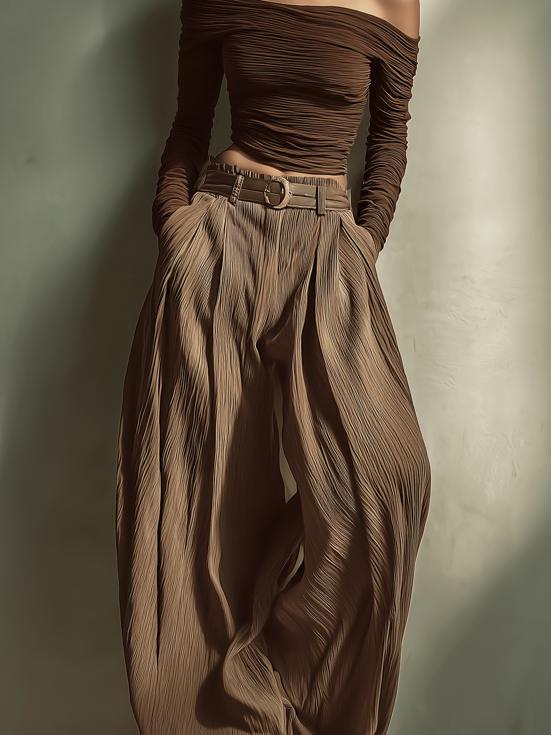 Women's Fashionable And Sexy Dark Brown Off-the-shoulder Long-sleeved Fitted Top MDA2980K0AN