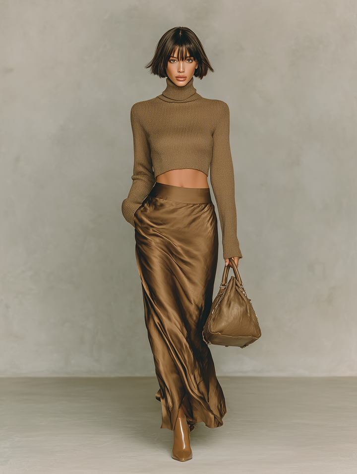 Women's Fashionable Gold-brown Turtleneck Long-sleeved Knit Top MDA2260L4AN